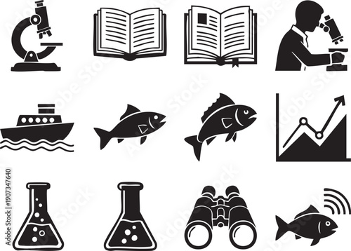 Black and white of science and research symbols microscope