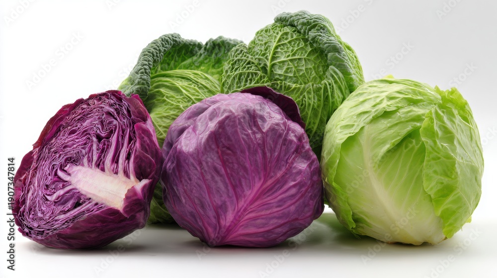 Obraz premium Whole and cut red cabbage with green cabbage heads on white background. Fresh raw vegetables showcasing texture, color and organic produce quality