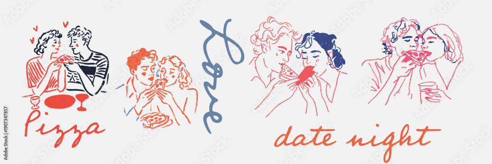 Obraz premium Hand drawn romantic couples celebrating love and relationships for valentines day illustrations and designs