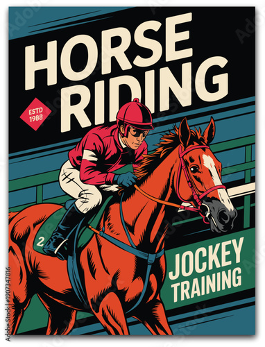 Horse races retro poster illustration featuring an equestrian riding and jockey training center, with a polo club horse trotter, a steeplechase competition, and a classic vintage sports atmosphere.