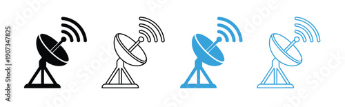 Satellite dish icons, flat and simple vector set of large antenna receivers and transmitters in various colors and line styles, wireless communication, broadcasting technology, and signal transmission