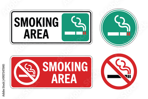Smoking area icons, green and red vector sign set featuring smoking and no smoking symbols for public spaces, safety signage, regulatory compliance, workplace rules, and facility guidance design