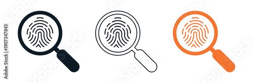 Fingerprint magnifying glass icon, minimal flat stroke vector logo featuring fingerprint inside magnifying glass in black, white, and orange, modern security, identity verification, 