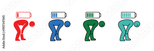 Burnout exhaustion icons, vector illustration set of tired people showing fatigue and emotional drain, man bent over from burnout, mental health mood concept, stress awareness,