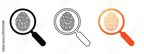 Fingerprint magnifying glass icon, minimal flat stroke vector logo featuring fingerprint inside magnifying glass in black, white, and orange, modern security, identity verification, 