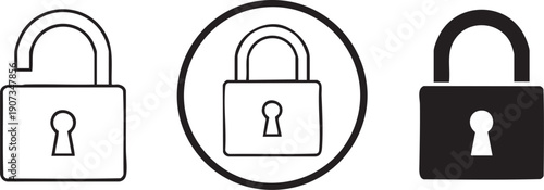 Black and white padlock in different styles security symbol