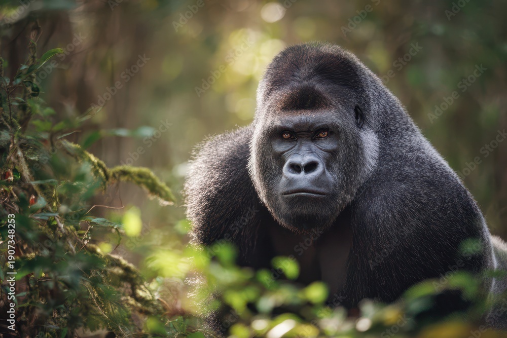 Naklejka premium Majestic adult male gorilla in a lush rainforest with natural light