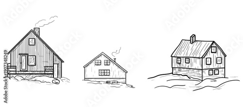 Houses with triangular roofs and smoke coming from the chimney. Vector illustration. Set of sketches of a traditional Greenlandic house, isolated on a white background.