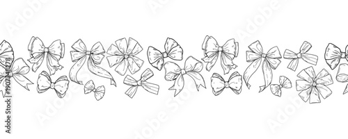 Satin ribbon bow, seamless pattern. Vector illustration. Flirty knot isolated on a white background. An elegant, feminine design element for birthdays, New Year's, Valentine's Day, and weddings.