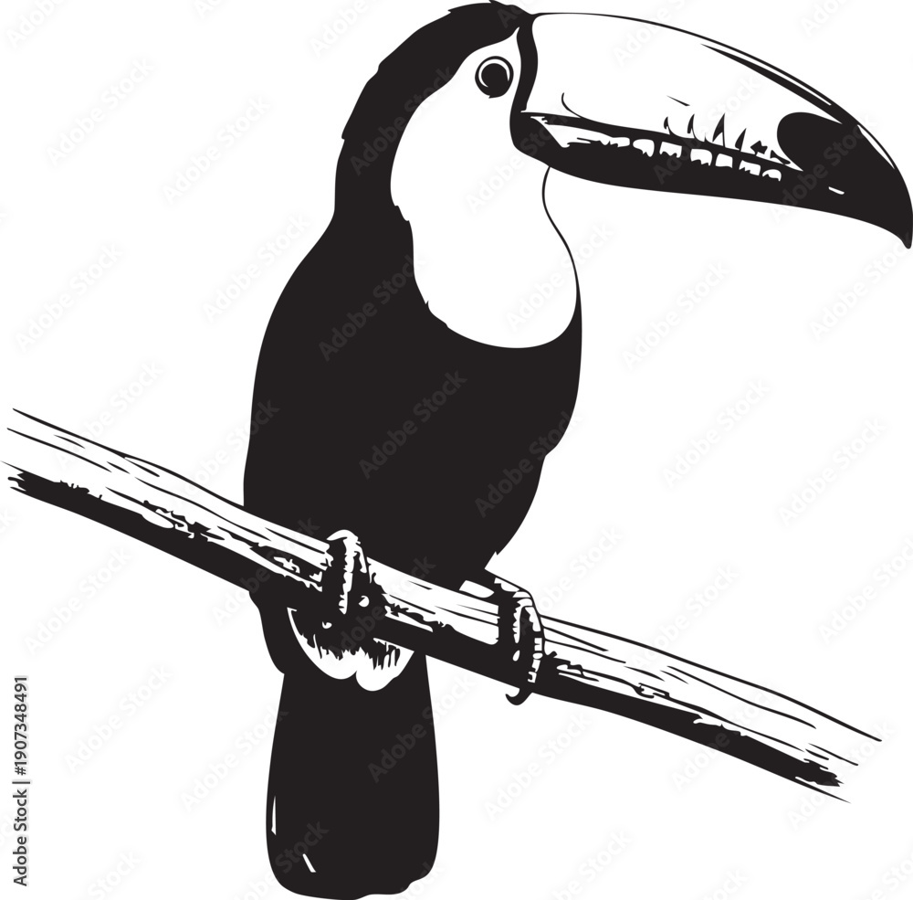 Naklejka premium Black and white toucan perched on branch monochrome bird