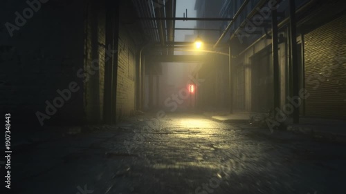 Mysterious Dark Industrial Alleyway with Fog and Red Glowing Light at Night