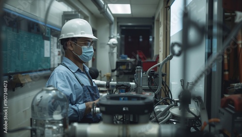Worker in Safety Gear Monitors Equipment in a Facility During Daytime Hours
