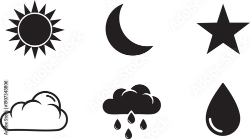 Black and white weather sun moon star clouds rain weather black and white