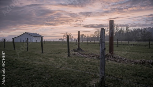 Sunrise Over a Rural Field With Wooden Posts and a Simple White House in the ...
