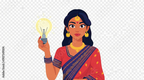 Woman in traditional indian attire holding a glowing light bulb confidently