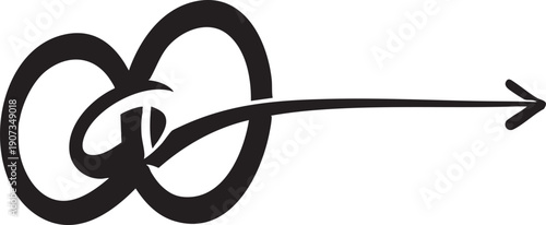 Black arrow emerging from intertwined loops on white background abstract symbol
