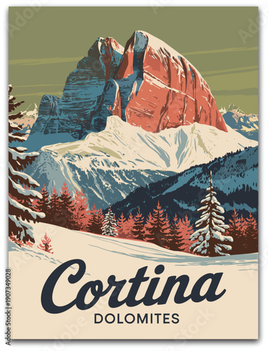 Vintage travel poster illustration of Ski Cortina Dolomites resort, Italy, winter landscape featuring alpine mountain,s snowy scenery, and classic tourism card design.