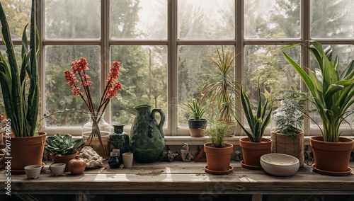 Plants Decorate a Wooden Table Near a Large Window With Natural Light During ...