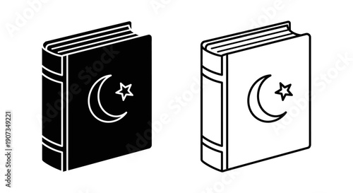 Islamic holy book vector icon, black and white Quran with crescent moon and star symbol, isolated on white