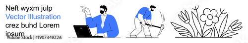 Work environments, manual labor, professional tasks, creative design, floral elements, technology. Man sitting at a laptop, worker with pickaxe floral outline art. Work environments and manual labor