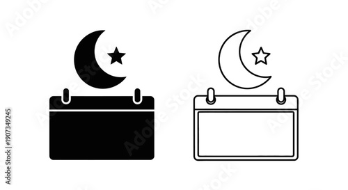 Black vector calendar icon with crescent moon and star, solid and outline versions, isolated on white