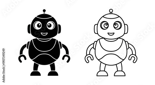 Cute black robot and outline vector illustration, friendly android character icon, isolated on white