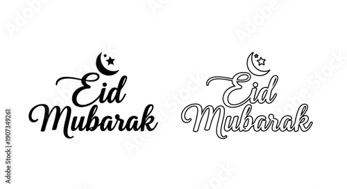 Eid Mubarak vector calligraphy text with crescent moon and star, black and white holiday greeting isolated on white