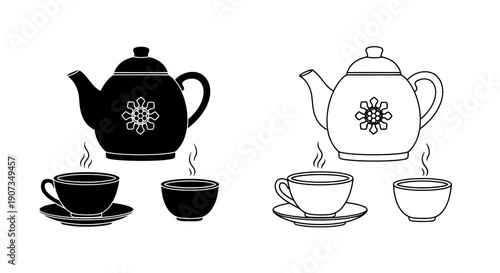 Black and white vector teapots with cups and saucers, hot steam, isolated on white