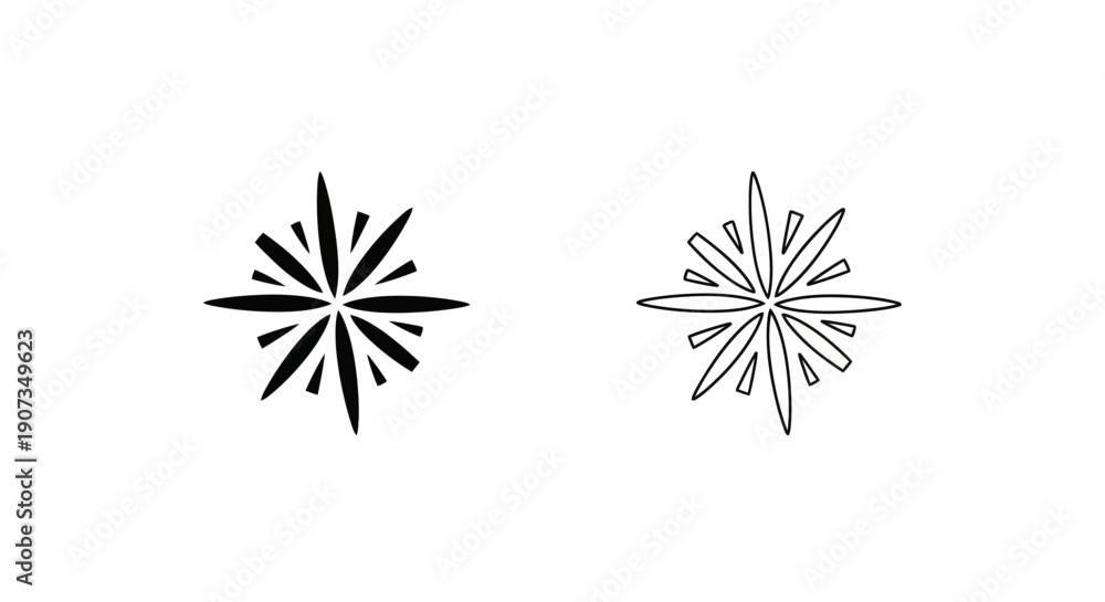 Fototapeta premium Black vector starburst icon set, solid and outline, isolated on white