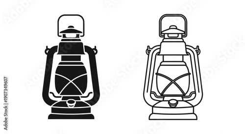 Black vector silhouette and outline icon of a vintage kerosene lantern, camping lamp, isolated on white