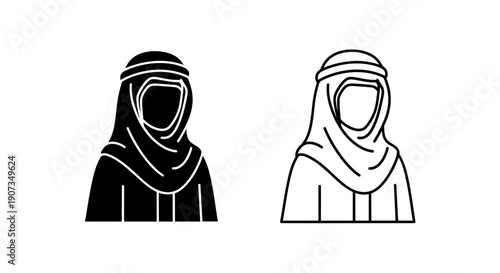 Arab man in traditional keffiyeh and agal vector icon set, black silhouette and outline, isolated on white