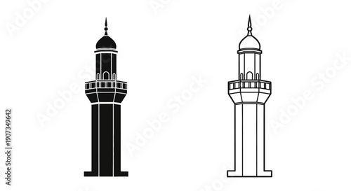 Vector minaret tower silhouette and outline icon set, black and white mosque architecture element isolated on white