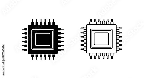 Black and white vector microchip icon set, CPU processor symbol, integrated circuit isolated on white