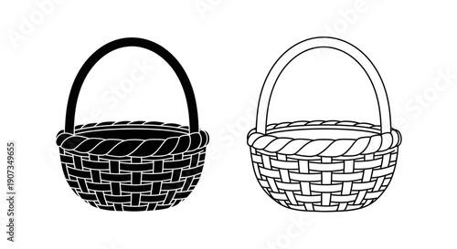 Woven wicker basket vector icon set, black silhouette and outline, isolated on white