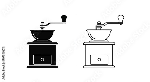 Coffee grinder vector icon set, black silhouette and outline, isolated on white