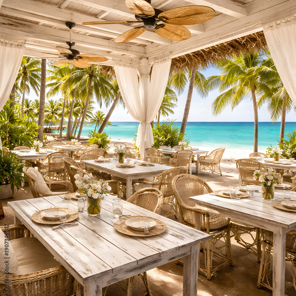 Obraz premium Beachfront restaurant dining area with palm trees