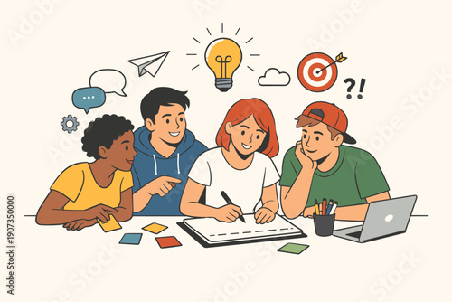 Team brainstorming and problem solving illustration with idea generation, collaboration and business strategy concept
