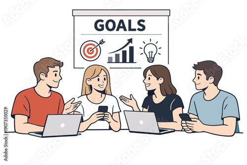 Team goal setting and business planning illustration with colleagues discussing strategy, targets and growth results