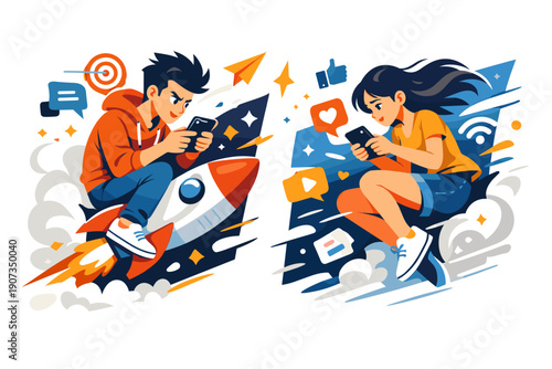 Startup competition and digital growth illustration with young entrepreneurs racing rockets for business success concept
