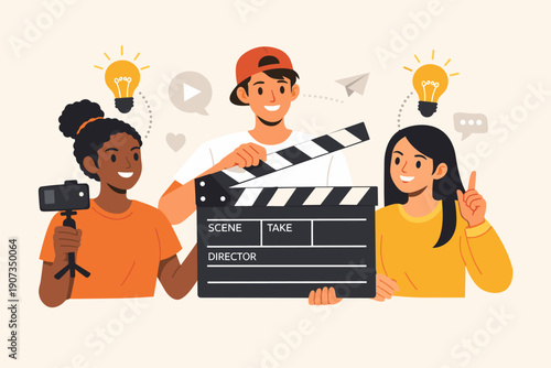 Video production and filmmaking illustration with creative team, clapperboard and camera for media, content creation and marketing