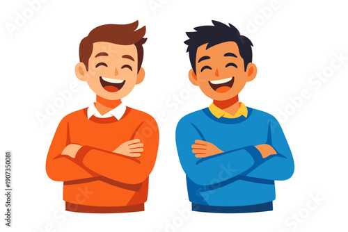 Smiling young men characters illustration with confident pose for teamwork, friendship and positive communication concept