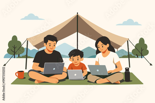 Family Working Remotely While Camping with Laptops and Tent in Nature Illustration