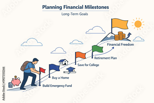 Planning Financial Milestones Illustration with Savings, Investment Goals, and Long-Term Wealth Strategy