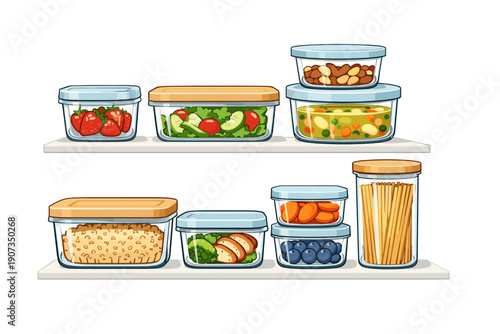 Food Storage Containers with Fresh Ingredients and Meal Prep Illustration for Organized Kitchen