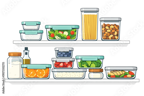 Organized Kitchen Food Storage Containers with Fresh Vegetables and Meal Prep Illustration