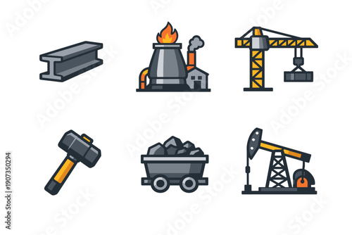 Heavy Industry and Mining Line Icons Set for Metallurgy, Construction, and Industrial Production