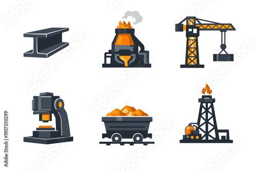 Heavy Industry and Steel Manufacturing Line Icons Set for Metallurgy, Mining, and Construction