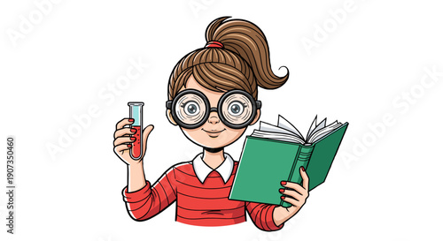 Young girl with glasses holding beaker and reading green book  