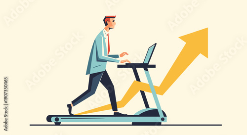 Businessman walking on treadmill while working on laptop  
