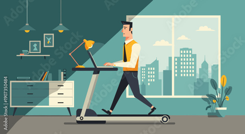 Man working on laptop while walking on treadmill in home office  